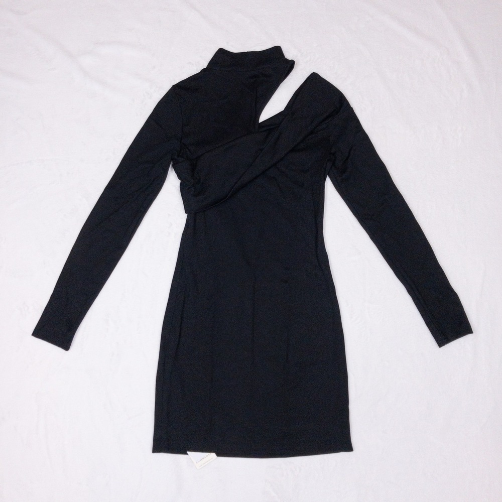 Commense Dress Womens XS Black Off Shoulder Cutout Mock Neck Long Sleeve Mini